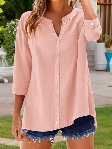 Womens Casual V Neck Blouse 3/4 Sleeve Loose Fit Tunic Top Button Front Shirts for Work Travel Daily Wear in Kuwait