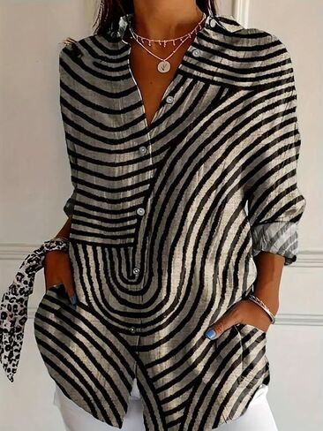 Women's Abstract Stripe Button Down Shirt Long Sleeve Loose Fit Casual Blouse with Pockets in Kuwait