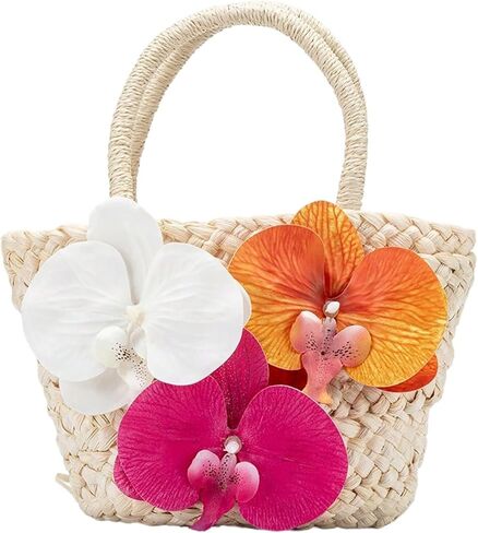 MakeMeChic Women's 3D Floral Straw Bag Orchid Beach Vacation Woven Handbags Bucket Bag in Kuwait