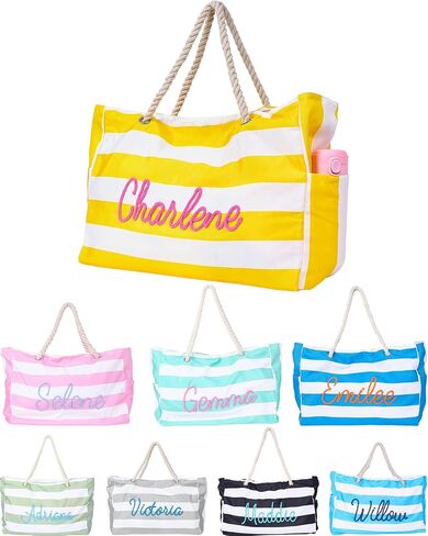 Personalized Beach Tote Bag with Name, Embroidered Custom Waterproof Striped Tote for Women, Large Capacity Canvas Handbag for Summer Travel, Lightweight Beach Bag Gift for Mom Bridesmaid Birthday in Saudi Arabia