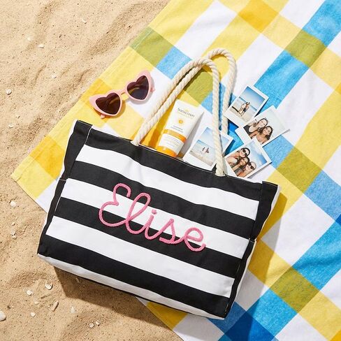 Personalized Beach Tote Bag with Name, Embroidered Custom Waterproof Striped Tote for Women, Large Capacity Canvas Handbag for Summer Travel, Lightweight Beach Bag Gift for Mom Bridesmaid Birthday in Saudi Arabia