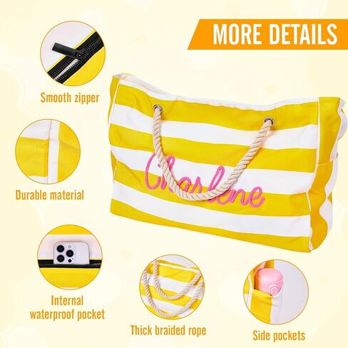 Personalized Beach Tote Bag with Name, Embroidered Custom Waterproof Striped Tote for Women, Large Capacity Canvas Handbag for Summer Travel, Lightweight Beach Bag Gift for Mom Bridesmaid Birthday in Saudi Arabia