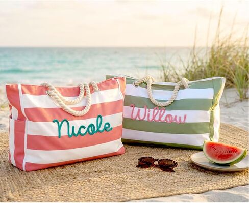 Personalized Beach Tote Bag with Name, Embroidered Custom Waterproof Striped Tote for Women, Large Capacity Canvas Handbag for Summer Travel, Lightweight Beach Bag Gift for Mom Bridesmaid Birthday in Saudi Arabia