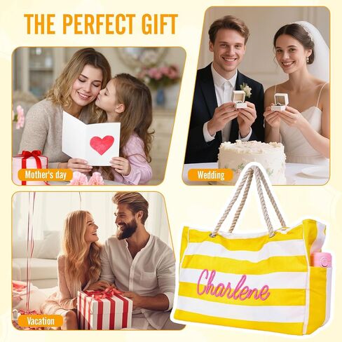 Personalized Beach Tote Bag with Name, Embroidered Custom Waterproof Striped Tote for Women, Large Capacity Canvas Handbag for Summer Travel, Lightweight Beach Bag Gift for Mom Bridesmaid Birthday in Saudi Arabia