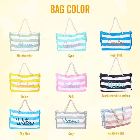Personalized Beach Tote Bag with Name, Embroidered Custom Waterproof Striped Tote for Women, Large Capacity Canvas Handbag for Summer Travel, Lightweight Beach Bag Gift for Mom Bridesmaid Birthday in Saudi Arabia