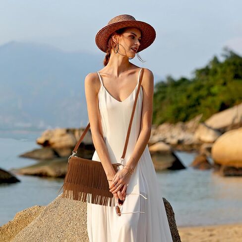 Vintage Tassel Crossbody Bag for Women Retro Saddle Purse Lightweight Fringe Shoulder Bag Adjustable Strap 9.84X6.69X0.39 Inch Boho Handbag for Casual Festival Travel in Kuwait
