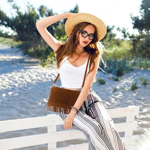 Vintage Tassel Crossbody Bag for Women Retro Saddle Purse Lightweight Fringe Shoulder Bag Adjustable Strap 9.84X6.69X0.39 Inch Boho Handbag for Casual Festival Travel in Kuwait