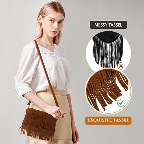 Vintage Tassel Crossbody Bag for Women Retro Saddle Purse Lightweight Fringe Shoulder Bag Adjustable Strap 9.84X6.69X0.39 Inch Boho Handbag for Casual Festival Travel in Kuwait