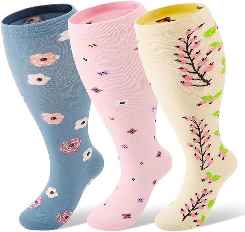 3 Pairs Plus Size Compression Socks Wide Calf 15-20 mmHg Knee High Compression Socks Cute Floral Pattern for Women in Saudi Arabia
