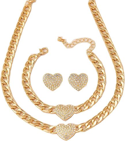 PLOUTOS Heart Pave Crystal Cuban Chain Chunky Statement Sparkle Necklace Bracelet Earrings Set For Women Alloy Rhinestone Gold Tone Four Piece Matching Gift in Saudi Arabia