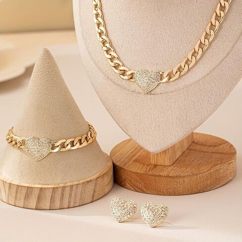 PLOUTOS Heart Pave Crystal Cuban Chain Chunky Statement Sparkle Necklace Bracelet Earrings Set For Women Alloy Rhinestone Gold Tone Four Piece Matching Gift in Saudi Arabia
