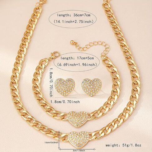 PLOUTOS Heart Pave Crystal Cuban Chain Chunky Statement Sparkle Necklace Bracelet Earrings Set For Women Alloy Rhinestone Gold Tone Four Piece Matching Gift in Saudi Arabia