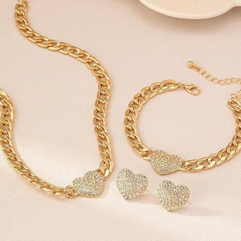 PLOUTOS Heart Pave Crystal Cuban Chain Chunky Statement Sparkle Necklace Bracelet Earrings Set For Women Alloy Rhinestone Gold Tone Four Piece Matching Gift in Saudi Arabia