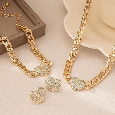 PLOUTOS Heart Pave Crystal Cuban Chain Chunky Statement Sparkle Necklace Bracelet Earrings Set For Women Alloy Rhinestone Gold Tone Four Piece Matching Gift in Saudi Arabia