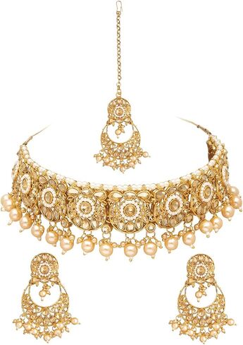 Bodha Traditional Indian Gold Plated Kundan Pearl Choker Bridal Necklace Combo Jewelry Set With Tikka and Earrings for Women (SJN_61_G.LCT) in Kuwait