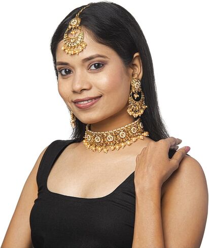 Bodha Traditional Indian Gold Plated Kundan Pearl Choker Bridal Necklace Combo Jewelry Set With Tikka and Earrings for Women (SJN_61_G.LCT) in Kuwait