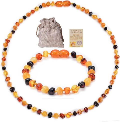 Baltic Amber Jewelry Set - Natural Handmade Unisex Bracelet & Necklace for Calming Wellness Protection & Good Luck(Necklace: 13 inches, Bracelet: 5.5 inches) in Saudi Arabia