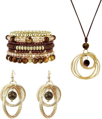 Boho Earrings Necklace Bracelet Set Stackable Stretch Beaded Bracelets Gold & Brown Boho Jewelry Accessories for Women in Kuwait