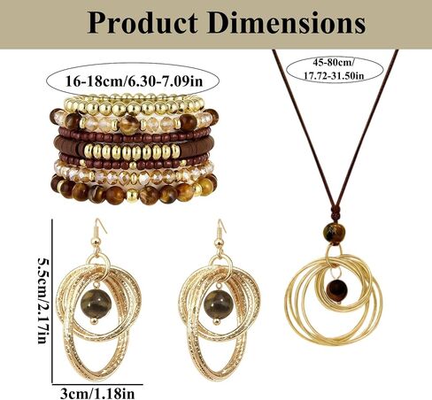 Boho Earrings Necklace Bracelet Set Stackable Stretch Beaded Bracelets Gold & Brown Boho Jewelry Accessories for Women in Kuwait