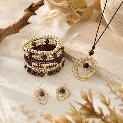 Boho Earrings Necklace Bracelet Set Stackable Stretch Beaded Bracelets Gold & Brown Boho Jewelry Accessories for Women in Kuwait