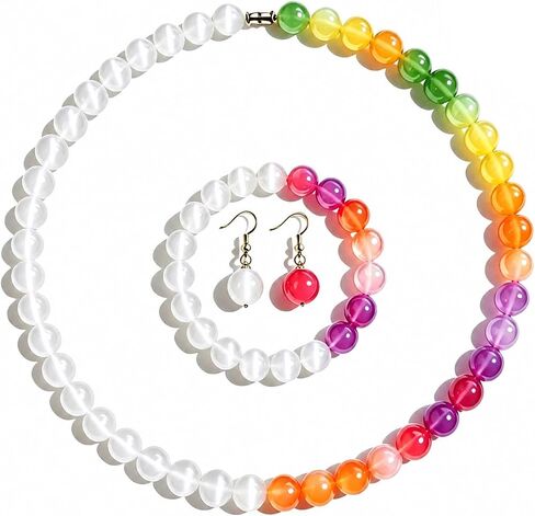 Dopamine Necklace Uv Reactive Jewelry Set Uv Color Changing Necklace Bracelet Earrings Colorful Rainbow Beaded Set Summer Beach Vacation Dopamine Jewelry in Kuwait