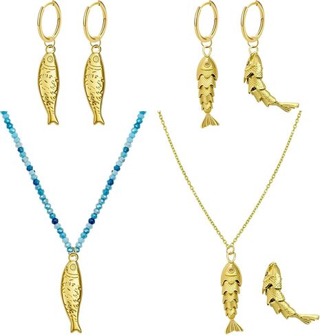 Beach Charm Jewelry Set Gold Fish Dangle Hoop Earrings Blue Natural Stone Fish Drop Pendant Necklace Boho Bohemian Statement Koi Fish Sardine Luck Jewelry Gift for Women in Saudi Arabia