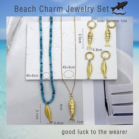 Beach Charm Jewelry Set Gold Fish Dangle Hoop Earrings Blue Natural Stone Fish Drop Pendant Necklace Boho Bohemian Statement Koi Fish Sardine Luck Jewelry Gift for Women in Saudi Arabia