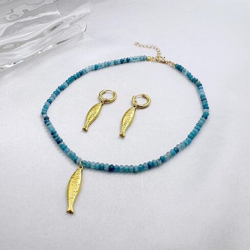 Beach Charm Jewelry Set Gold Fish Dangle Hoop Earrings Blue Natural Stone Fish Drop Pendant Necklace Boho Bohemian Statement Koi Fish Sardine Luck Jewelry Gift for Women in Saudi Arabia