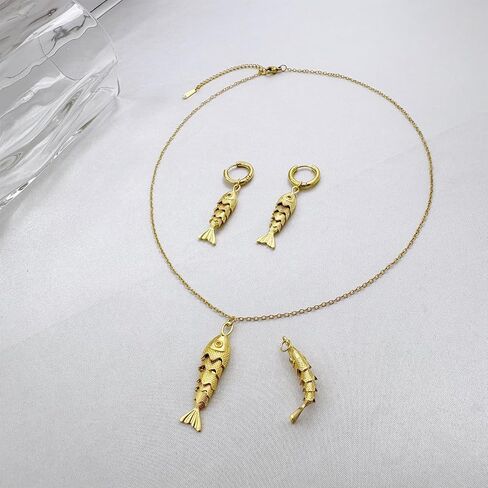 Beach Charm Jewelry Set Gold Fish Dangle Hoop Earrings Blue Natural Stone Fish Drop Pendant Necklace Boho Bohemian Statement Koi Fish Sardine Luck Jewelry Gift for Women in Saudi Arabia