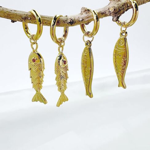 Beach Charm Jewelry Set Gold Fish Dangle Hoop Earrings Blue Natural Stone Fish Drop Pendant Necklace Boho Bohemian Statement Koi Fish Sardine Luck Jewelry Gift for Women in Saudi Arabia