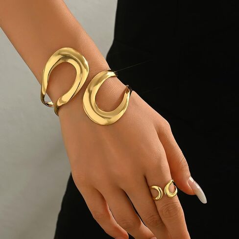 Todenb Gold Bracelets for Women Trendy Chunky Bracelets Gold Big Bracelet Ring Set Fashion Cuff Bracelet A-Gold in Kuwait