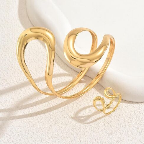 Todenb Gold Bracelets for Women Trendy Chunky Bracelets Gold Big Bracelet Ring Set Fashion Cuff Bracelet A-Gold in Kuwait