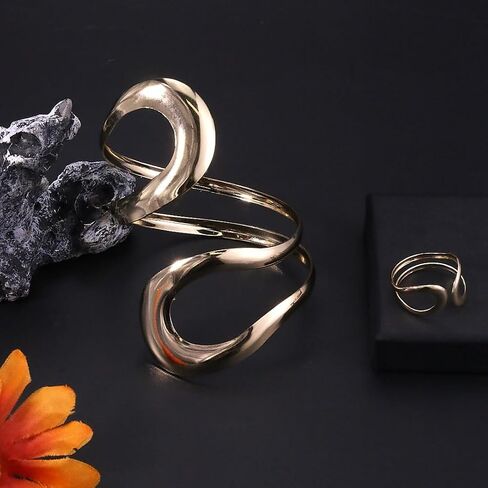 Todenb Gold Bracelets for Women Trendy Chunky Bracelets Gold Big Bracelet Ring Set Fashion Cuff Bracelet A-Gold in Kuwait