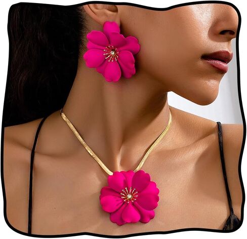 Hot Pink Flower Necklace Earrings Set for Women Chunky Hot Pink Jewelry Set Large Fuchsia Flower Necklace Statement Flowers Earrings Summer Tropical Hawaiian Seaside Jewelry Accessories in Saudi Arabia