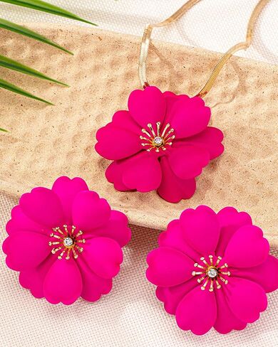 Hot Pink Flower Necklace Earrings Set for Women Chunky Hot Pink Jewelry Set Large Fuchsia Flower Necklace Statement Flowers Earrings Summer Tropical Hawaiian Seaside Jewelry Accessories in Saudi Arabia