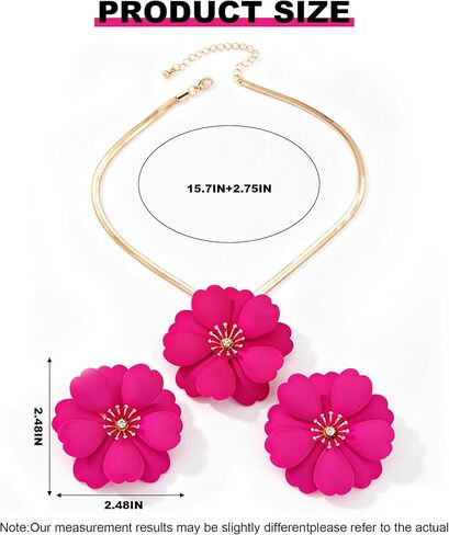 Hot Pink Flower Necklace Earrings Set for Women Chunky Hot Pink Jewelry Set Large Fuchsia Flower Necklace Statement Flowers Earrings Summer Tropical Hawaiian Seaside Jewelry Accessories in Saudi Arabia