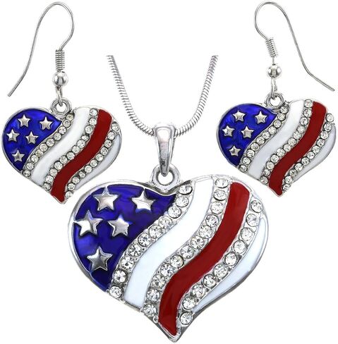 USA American Flag Heart Patriotic 4th of July Independence Day Pendant Necklace & Dangle Earrings Set in Saudi Arabia