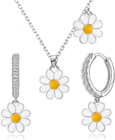 S925 Sterling Silver Daisy Jewelry Set - Necklace, Hoop Earrings, Enamel Flower Design, Cute Floral Beach Jewelry for Women Birthday Party Summer in Saudi Arabia