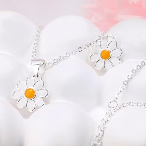 S925 Sterling Silver Daisy Jewelry Set - Necklace, Hoop Earrings, Enamel Flower Design, Cute Floral Beach Jewelry for Women Birthday Party Summer in Saudi Arabia
