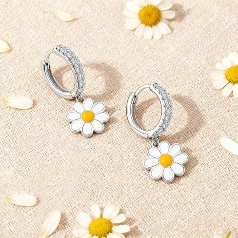 S925 Sterling Silver Daisy Jewelry Set - Necklace, Hoop Earrings, Enamel Flower Design, Cute Floral Beach Jewelry for Women Birthday Party Summer in Saudi Arabia