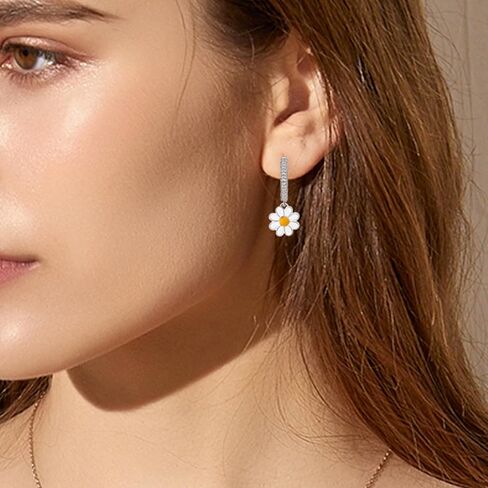 S925 Sterling Silver Daisy Jewelry Set - Necklace, Hoop Earrings, Enamel Flower Design, Cute Floral Beach Jewelry for Women Birthday Party Summer in Saudi Arabia