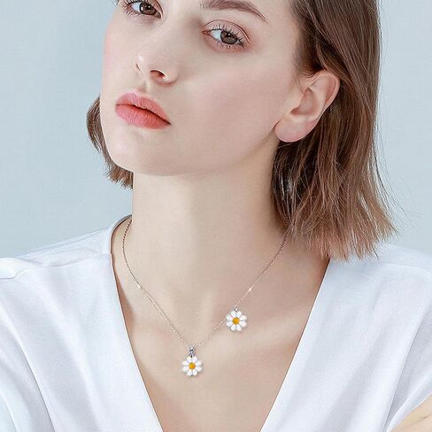S925 Sterling Silver Daisy Jewelry Set - Necklace, Hoop Earrings, Enamel Flower Design, Cute Floral Beach Jewelry for Women Birthday Party Summer in Saudi Arabia