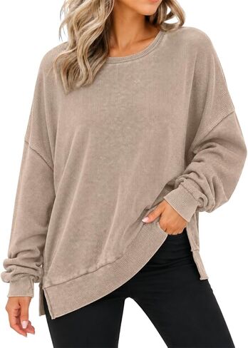 YesFashion Womens Crewneck Sweatshirt Waffle Fall Tops Long Sleeve Oversized Shirts Plain Pullover Sweatshirts in Saudi Arabia