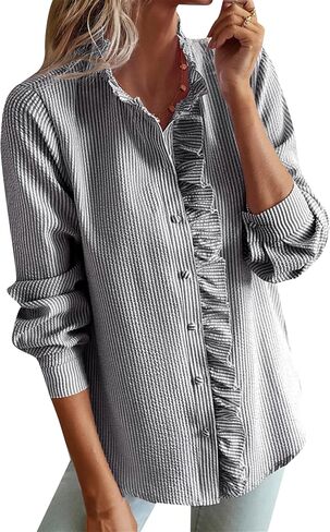 Womens Long Sleeve Ruffle Button Down Tops Fashion Striped Shirt Casual Business Work Blouses in Saudi Arabia