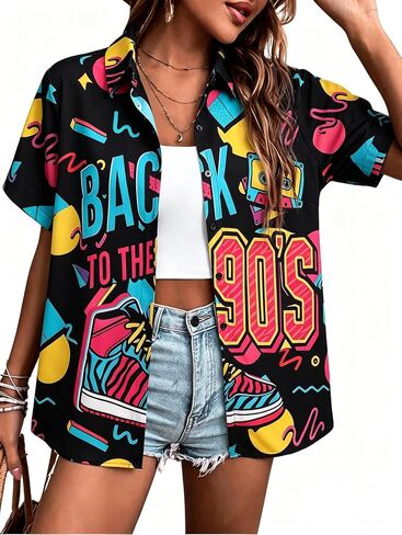 80s 90s Outfits for Women 80's Theme Party Shirts Back to The 90s Tee Button Down Short Sleeve Top Vintage Blouses in Kuwait