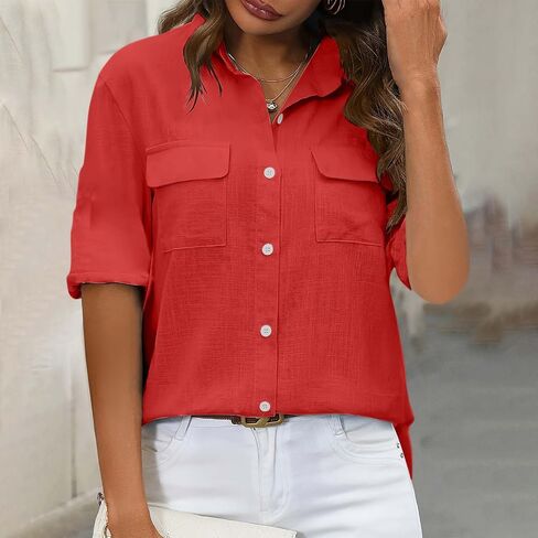 Utility Button Down Shirts for Women Short Sleeve Collared Blouses Casual Work Office Tops with Pockets in Kuwait