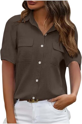 Utility Button Down Shirts for Women Short Sleeve Collared Blouses Casual Work Office Tops with Pockets in Kuwait