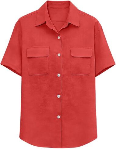 Utility Button Down Shirts for Women Short Sleeve Collared Blouses Casual Work Office Tops with Pockets in Kuwait