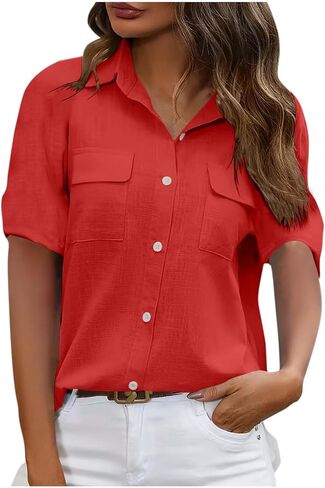 Utility Button Down Shirts for Women Short Sleeve Collared Blouses Casual Work Office Tops with Pockets in Kuwait