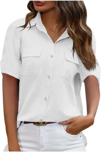 Utility Button Down Shirts for Women Short Sleeve Collared Blouses Casual Work Office Tops with Pockets in Kuwait